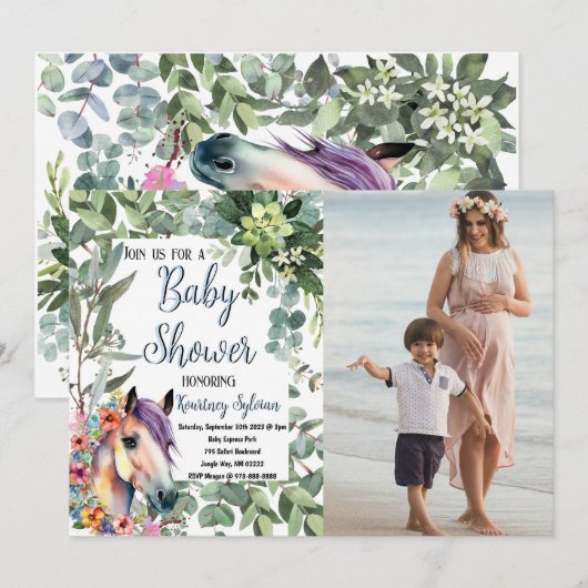 Waterverf Paard Bloemen Custom Foto Baby shower Kaart (Voorkant / Achterkant)
