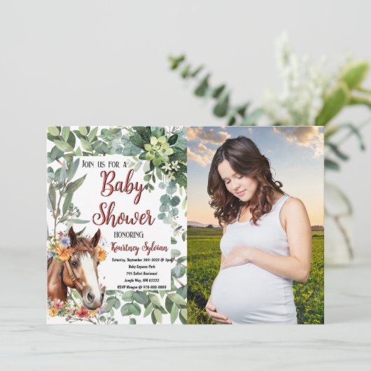 Waterverf Paard Bloemen Custom Foto Baby shower Kaart (Staand voorkant)