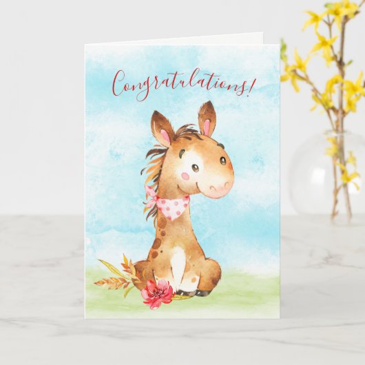 Waterverf Paard Boerderij Gefeliciteerd Kaart (Gele Bloem)