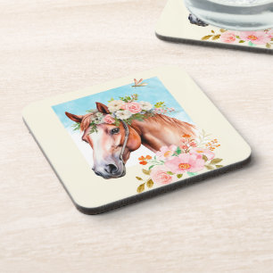 Waterverf Paard en Bloemen 6 Bier Onderzetter