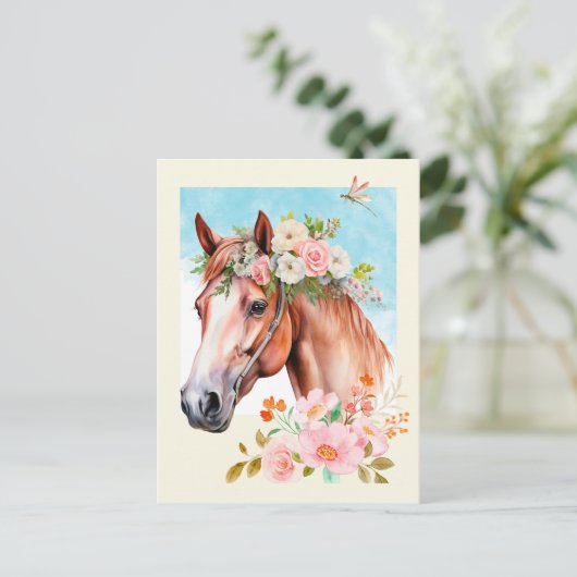Waterverf Paard en Bloemen Briefkaart