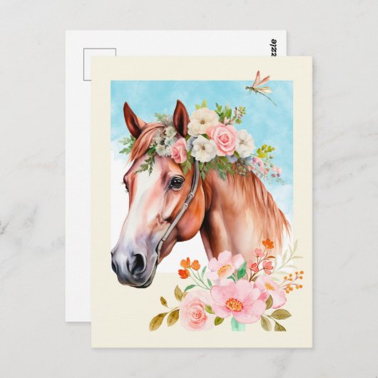 Waterverf Paard en Bloemen Briefkaart (Voorkant / Achterkant)