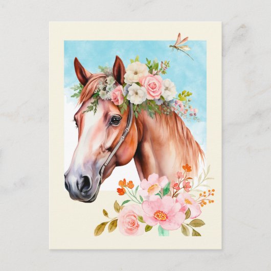 Waterverf Paard en Bloemen Briefkaart (Voorkant)