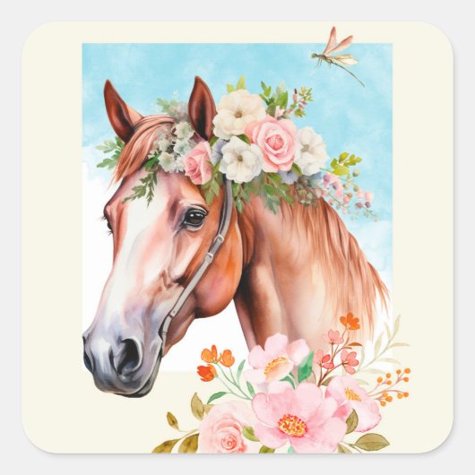 Waterverf Paard en Bloemen Stickers (Voorkant)