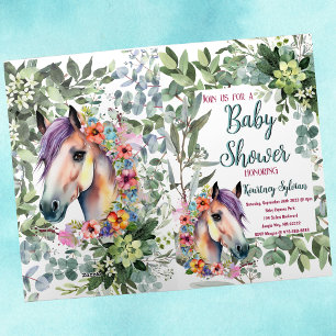 Waterverf paard en botanisch Baby shower Folie Wenskaart