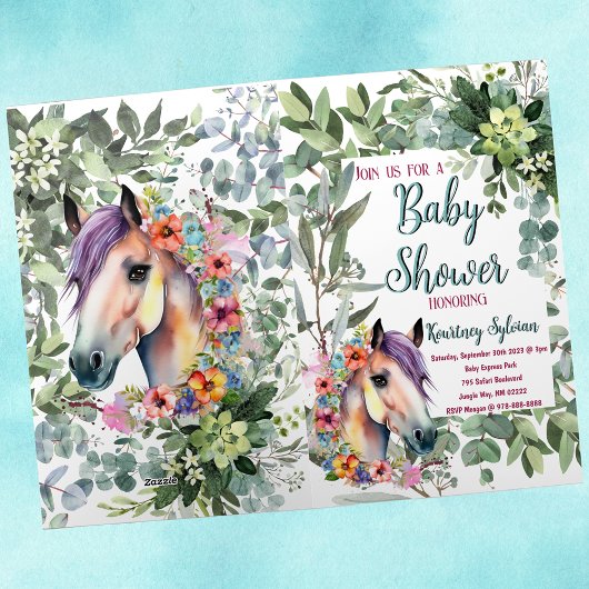 Waterverf paard en botanisch Baby shower Folie Wenskaart
