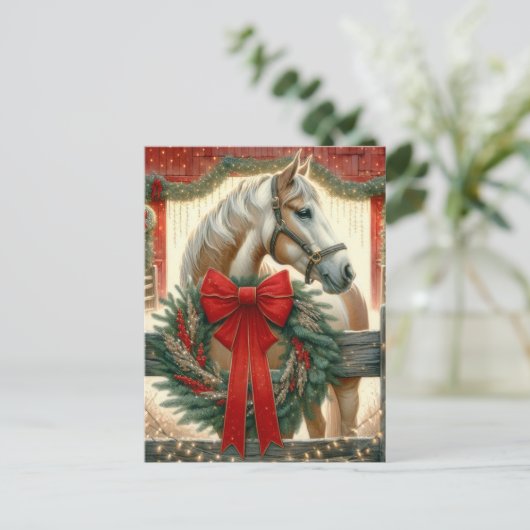 Waterverf Paard en Feestelijk Boerderij Kerst Feestdagenkaart (Staand voorkant)