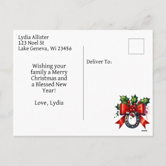 Waterverf Paard en Feestelijk Boerderij Kerst Feestdagenkaart (Achterkant)