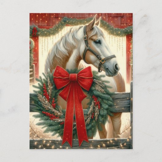 Waterverf Paard en Feestelijk Boerderij Kerst Feestdagenkaart (Voorkant)