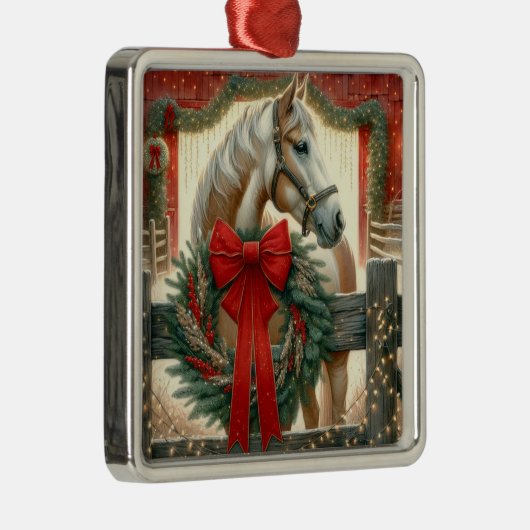 Waterverf Paard en Feestelijk Boerderij Kerst Metalen Ornament (Rechts)