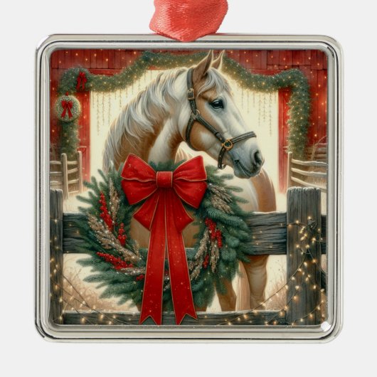 Waterverf Paard en Feestelijk Boerderij Kerst Metalen Ornament (Voorkant)