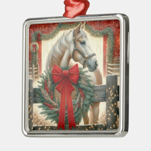 Waterverf Paard en Feestelijk Boerderij Kerst Metalen Ornament (Links)