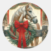 Waterverf Paard en Feestelijk Boerderij Kerst Ronde Sticker (Voorkant)