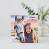 Waterverf Paard en Meisje Sneeuw Afbeelding Kerst Feestdagenkaart (Staand voorkant)