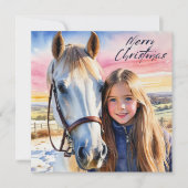 Waterverf Paard en Meisje Sneeuw Afbeelding Kerst Feestdagenkaart (Voorkant)