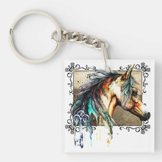 Waterverf paard en sleutel sleutelhanger (voorkant)