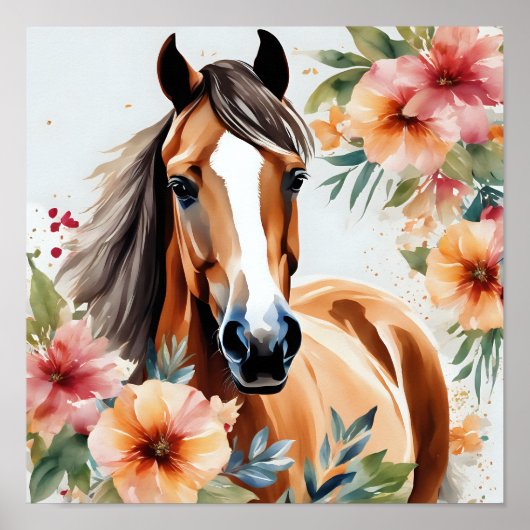 Waterverf Paard Omgeven door Flowers Poster (Voorkant)