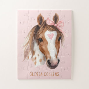 Waterverf Paard Roze Strik Meisjes Uniek Schattig Legpuzzel