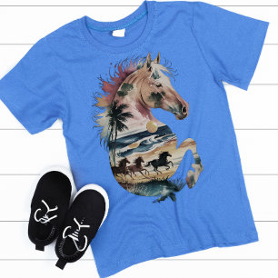 Waterverf Paard Silhouet Tropische Oceaan Zonsonde T-shirt