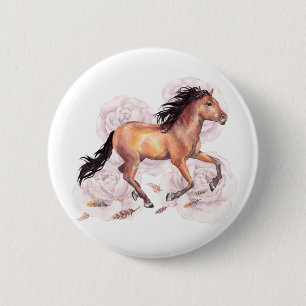 Waterverf paard Wild met Flowers Boho Achtergrond Ronde Button 5,7 Cm