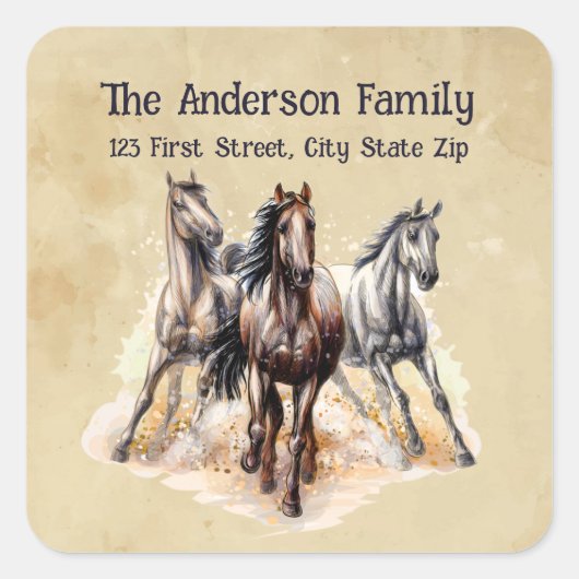 Waterverf paarden Boerderij Animal Art Vierkante Sticker (Voorkant)