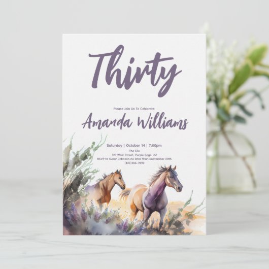 Waterverf Paarden Dertigste Verjaardagsuitnodiging Kaart (Staand voorkant)