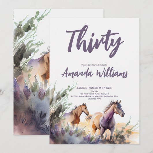 Waterverf Paarden Dertigste Verjaardagsuitnodiging Kaart (Voorkant / Achterkant)