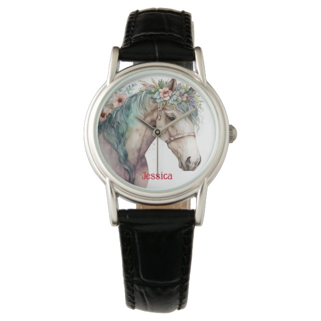 Waterverf paarden en bloemen horloge (Voorkant)