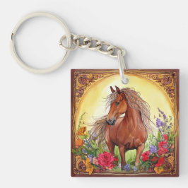 Waterverf paarden en wilde bloemen sleutelhanger