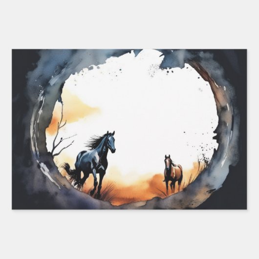 Waterverf paarden en zonsondergangsilhouet inpakpapier vel (Voorkant 3)