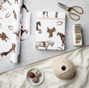 Waterverf Paarden Hoefijzer Paardenzadels Cadeaupapier
