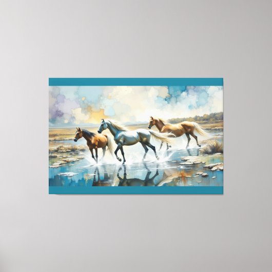 Waterverf paarden in het wild canvas afdruk (Voorkant)