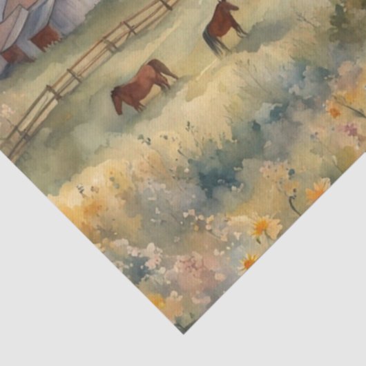 Waterverf Paarden in Veld van Zonnebloemen Tissuepapier (Detail)