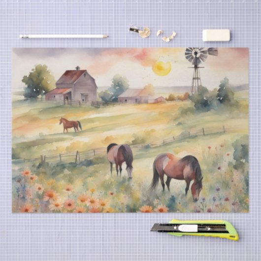 Waterverf Paarden in Veld van Zonnebloemen Tissuepapier (Craft)