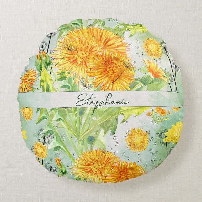  Waterverf paardenbloem patroon monogram Rond Kussen (Voorkant)