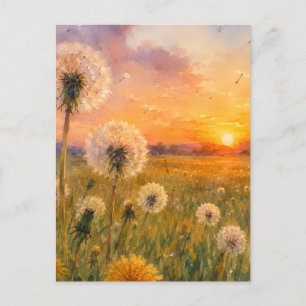 Waterverf Paardenbloemen bij Zonsondergang Weidela Briefkaart