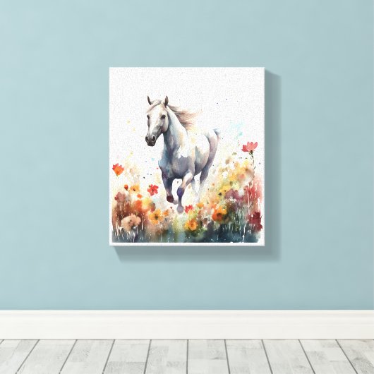 Waterverf Paardengaloping door een veld Canvas Afdruk (Insitu (Houten vloer))