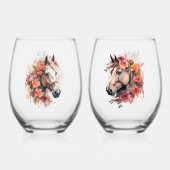 Waterverf Paardenkoppen met bloemenkransen Wijnglas Zonder Voet (Voorkant)