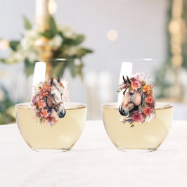 Waterverf Paardenkoppen met bloemenkransen Wijnglas Zonder Voet