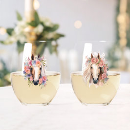 Waterverf Paardenkoppen met bloemenkransen Wijnglas Zonder Voet