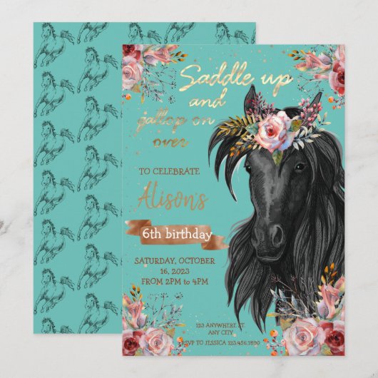 Waterverf paardenverjaardag cowgirl Pony Kaart (Voorkant / Achterkant)