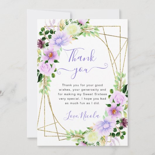 Waterverf Paars Bloemen Goud Lijst Sweet 16 Bedankkaart (Voorkant)