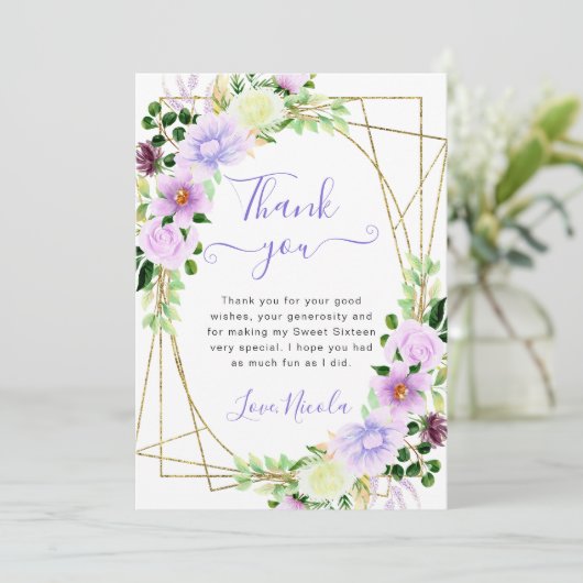 Waterverf Paars Bloemen Goud Lijst Sweet 16 Bedankkaart (Staand voorkant)