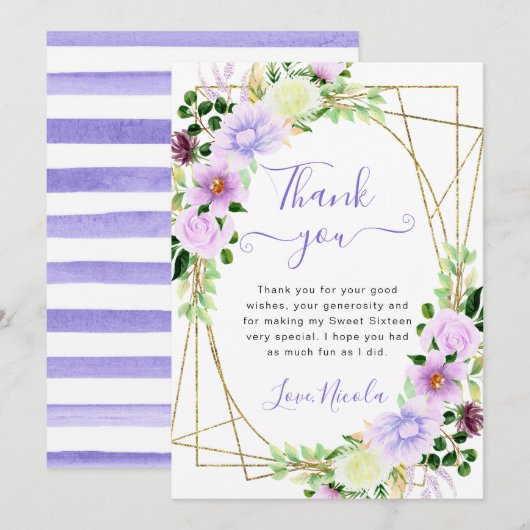 Waterverf Paars Bloemen Goud Lijst Sweet 16 Bedankkaart (Voorkant / Achterkant)