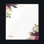 Waterverf Paars Boho Floral herfst gepersonaliseer Notitieblok<br><div class="desc">Een door bohemen geïnspireerd notitieblok met illustraties van de waterverf van paarse,  rode en roze rozen en pinda's met het accent van de veren. Dit florale notitieblok zal perfect zijn voor persoonlijk gebruik.</div>