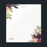 Waterverf Paars Boho Floral herfst gepersonaliseer Notitieblok<br><div class="desc">Een door bohemen geïnspireerd notitieblok met illustraties van de waterverf van paarse,  rode en roze rozen en pinda's met het accent van de veren. Dit florale notitieblok zal perfect zijn voor persoonlijk gebruik.</div>