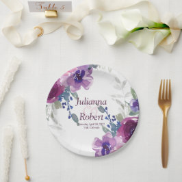 Waterverf paars en bruinbloemige bruinbruidapapjes papieren bordje