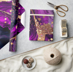 Waterverf Paars en Goud Glitter Alcoholinkt Cadeaupapier