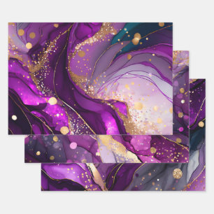 Waterverf Paars en Goud Glitter Alcoholinkt Inpakpapier Vel