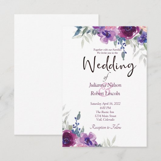 Waterverf paars en maave floral bruiloft invita kaart (Voorkant / Achterkant)